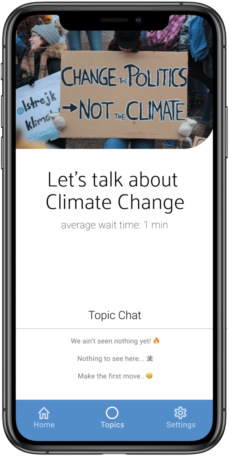 A screenshot of a mobile phone with the Seat at the Table app featuring a Climate Change discussion
