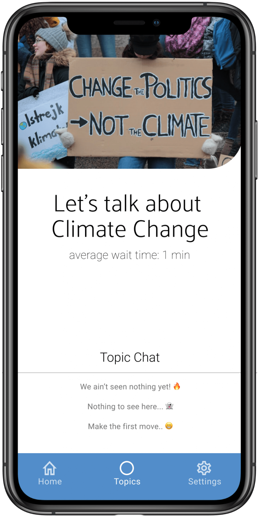 A screenshot of a mobile phone with the Seat at the Table app featuring a Climate Change discussion
