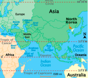 Map of the world with a red arrow pointing to North Korea
