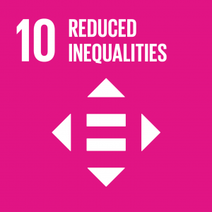 An equal sign within a square appears below the words "reduced inequalities." The symbols and words are white against a hot pink background.